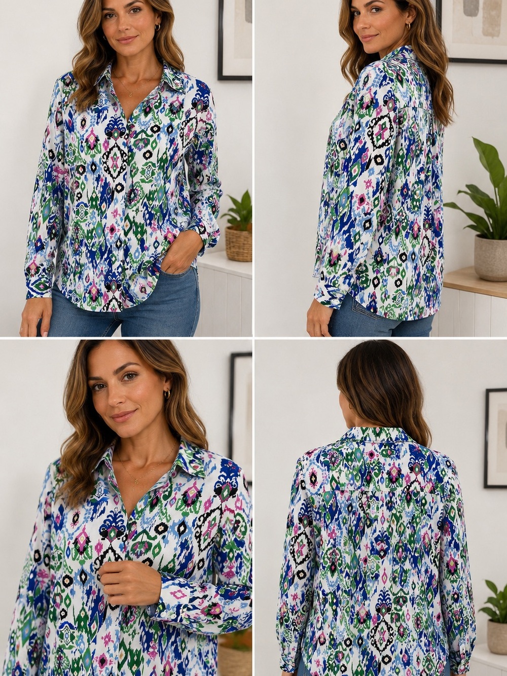 Chico's Multicolor Floral Ikat Button-Down Shirt - Blue, Green & White